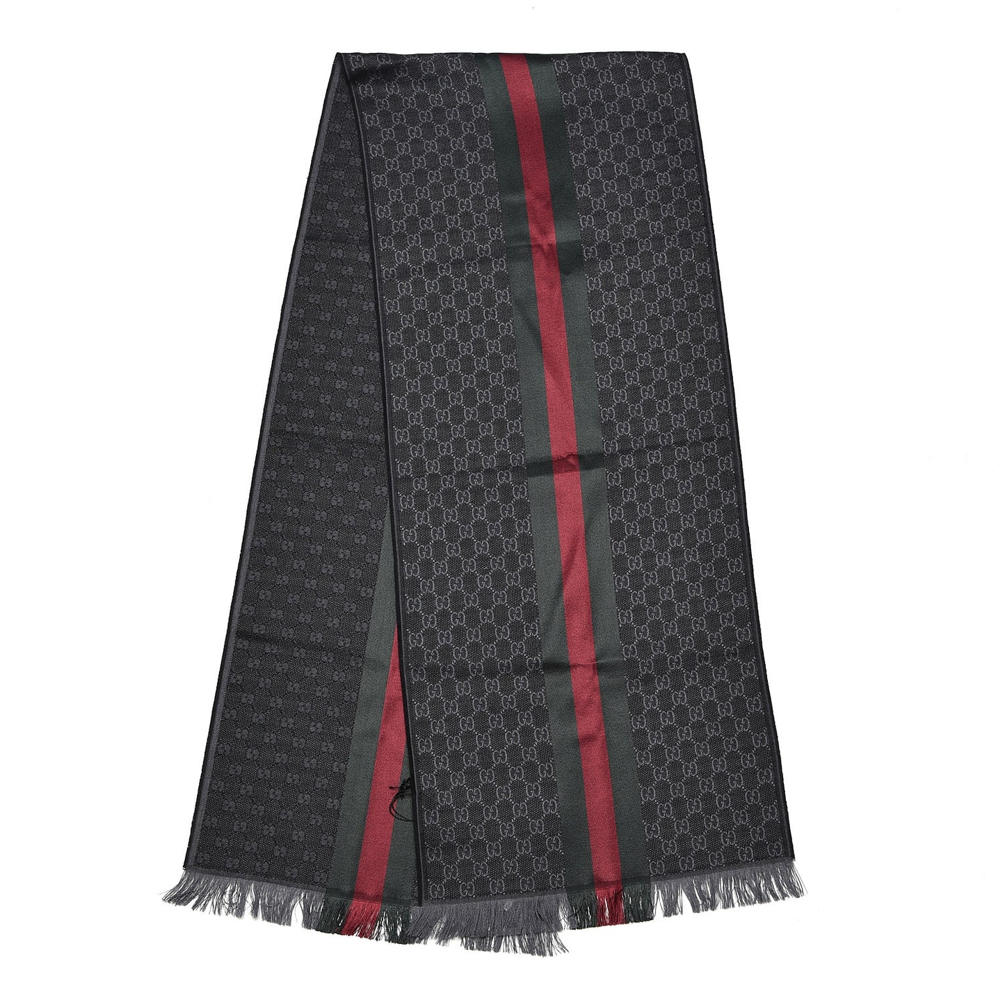 Wool Silk GG Monogram Web Verbier Fringe Scarf Black