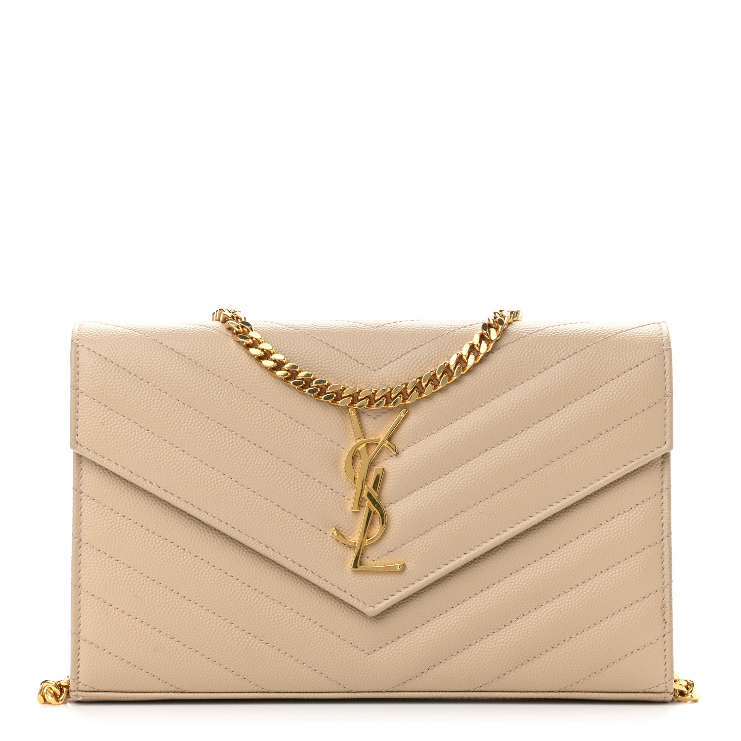 Saint Laurent Grain De Poudre Matelasse Chevron Monogram Chain Wallet Deep Beige 1 of 11