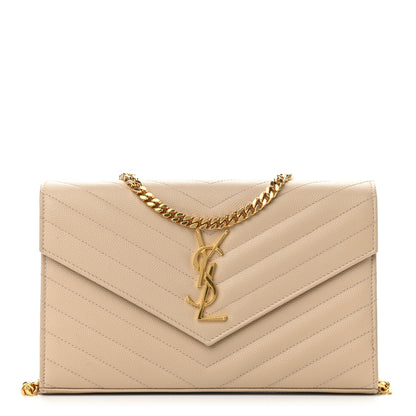 Saint Laurent Grain De Poudre Matelasse Chevron Monogram Chain Wallet Deep Beige 1 of 11