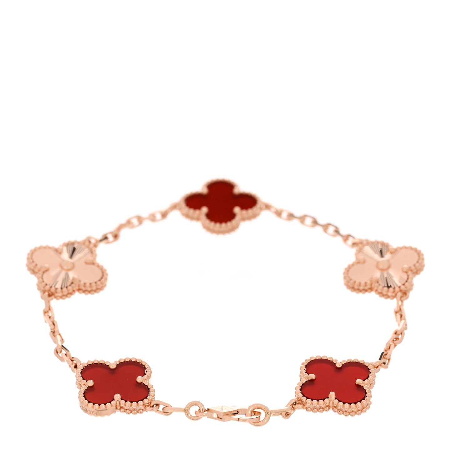 18K Rose Gold Carnelian 5 Motifs Guilloche Vintage Alhambra Bracelet