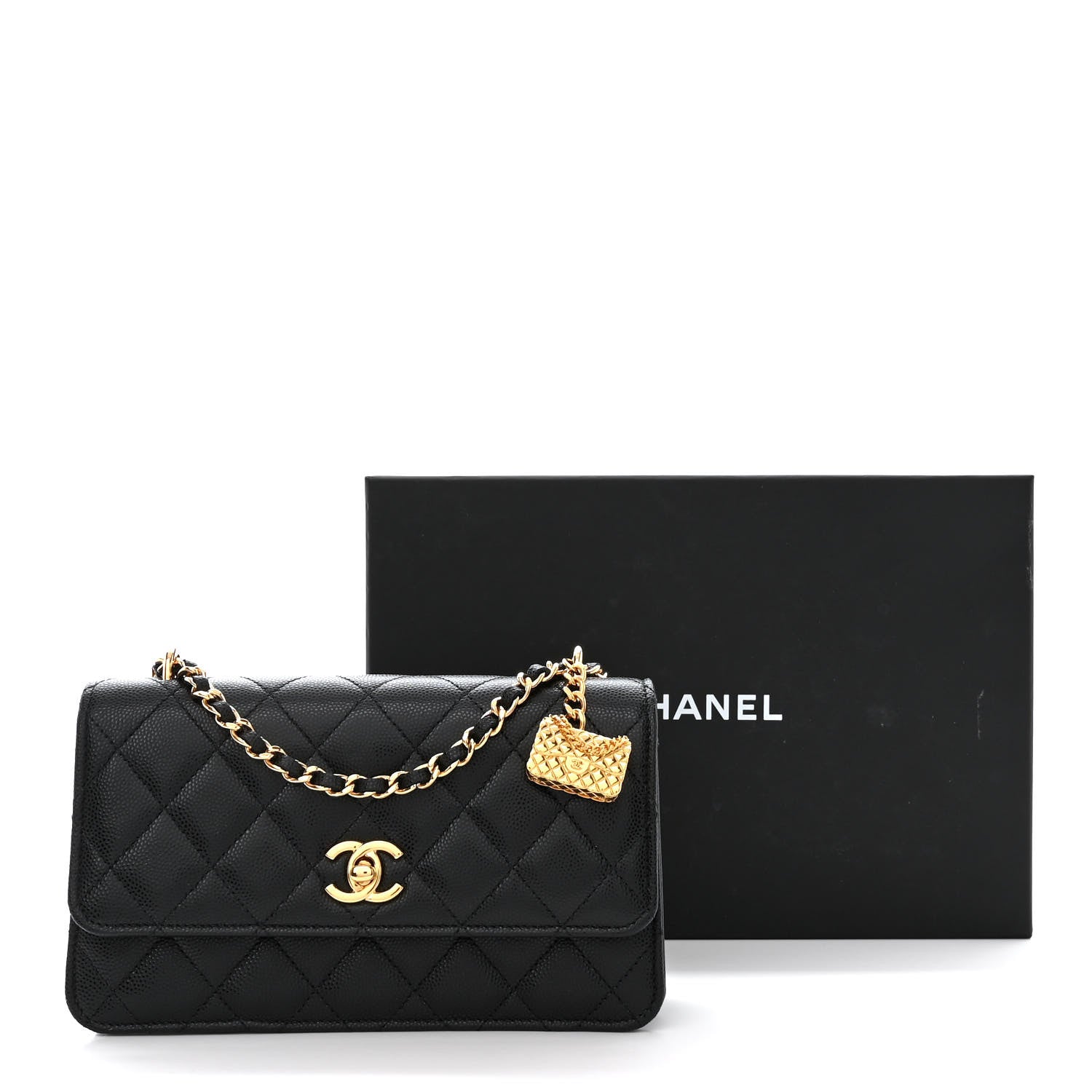 Chanel Shiny Caviar Quilted Flap Charm Wallet On Chain WOC Black 12 of 12