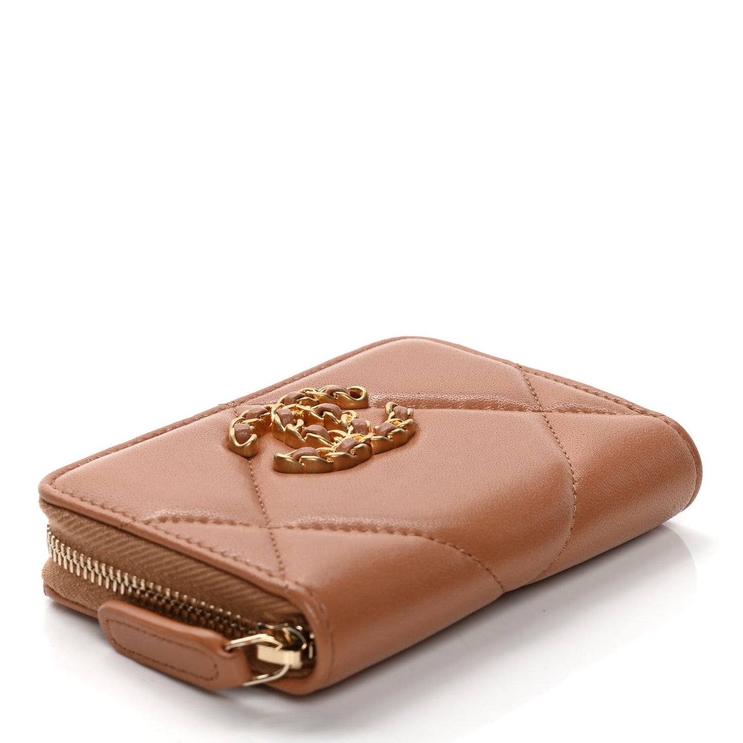 Shiny Goatskin Quilted 19 Zip Around Coin Purse Wallet Brown