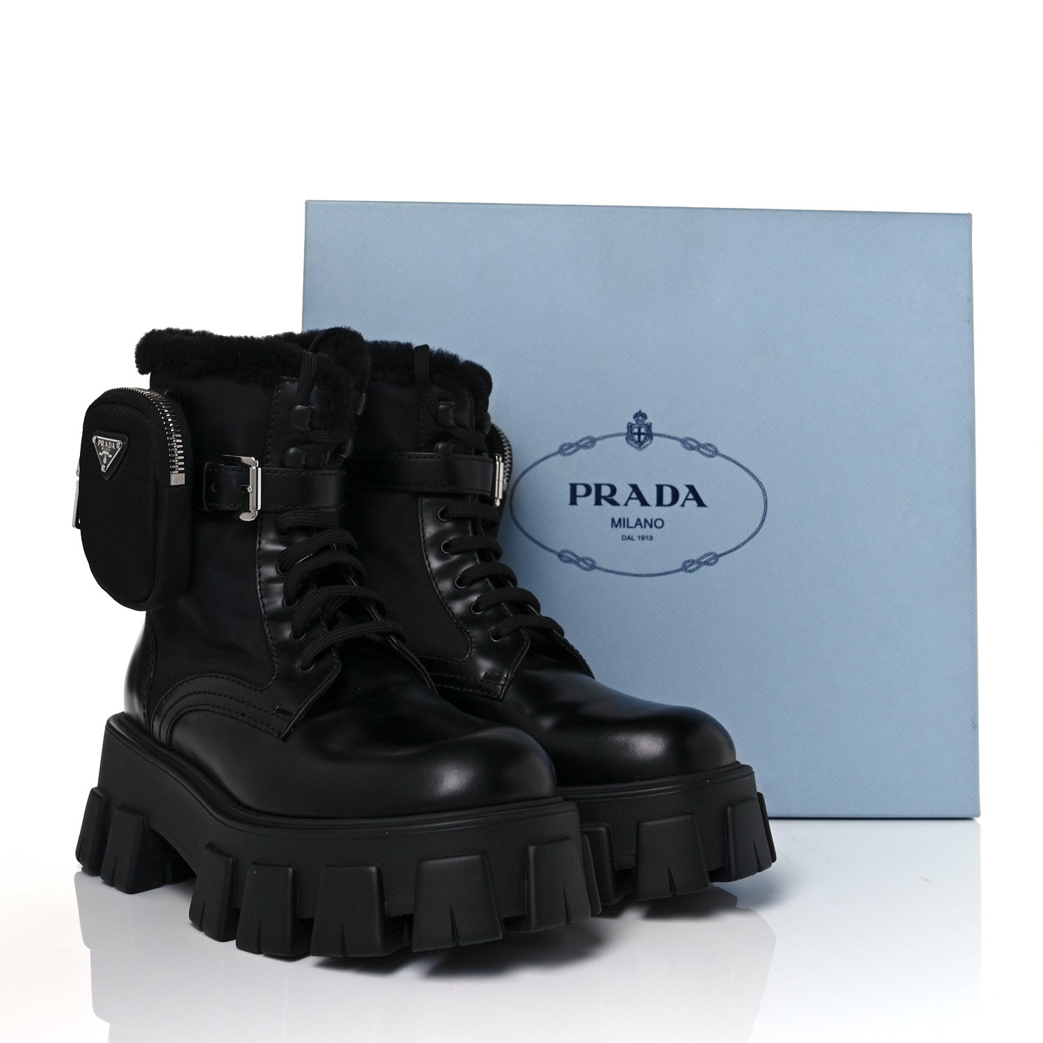 Prada Spazzolato Rois Nylon Shearling Metal Triangle Logo Monolith Pouch Pocket 55mm Boots 36.5 Black 8 of 8