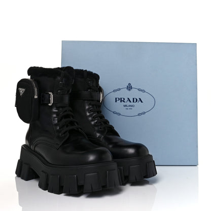 Prada Spazzolato Rois Nylon Shearling Metal Triangle Logo Monolith Pouch Pocket 55mm Boots 36.5 Black 8 of 8