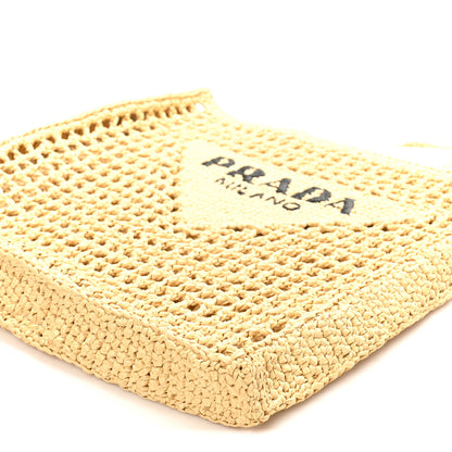 Prada Yarn Raffia Effect Crochet Logo Embroidered Tote Bag Naturale 9 of 9