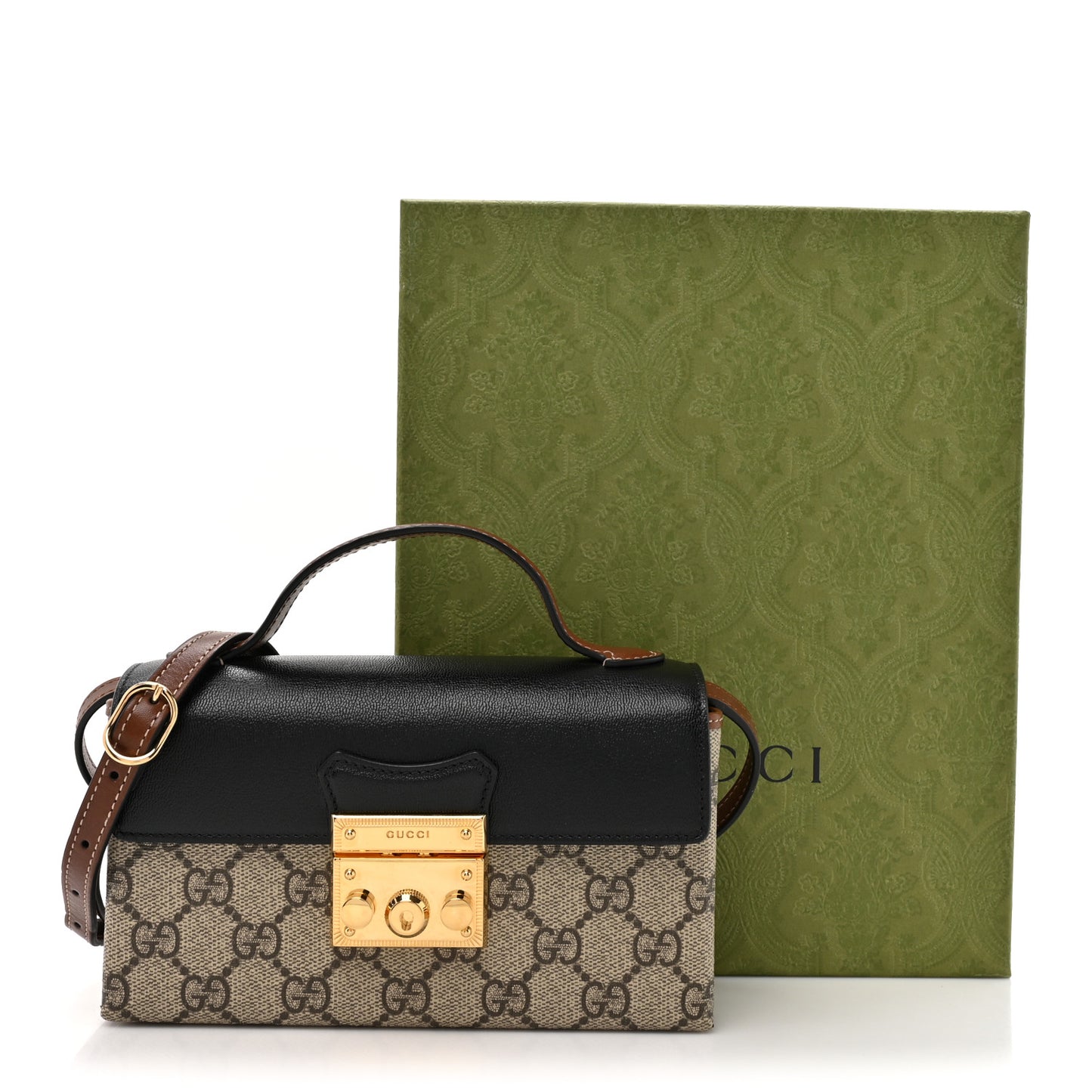 GG Supreme Monogram Calfskin Mini Padlock Top Handle Shoulder Bag Beige Black Cuir