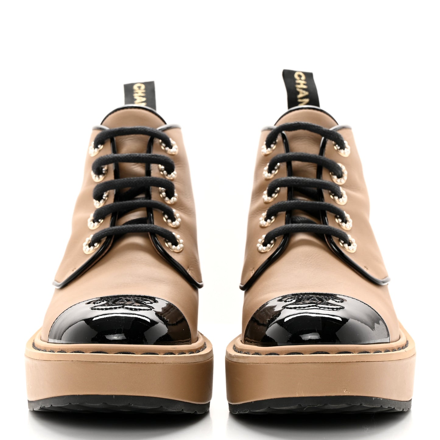 Calfskin Lace Up CC Short Boots 35.5 Beige Black