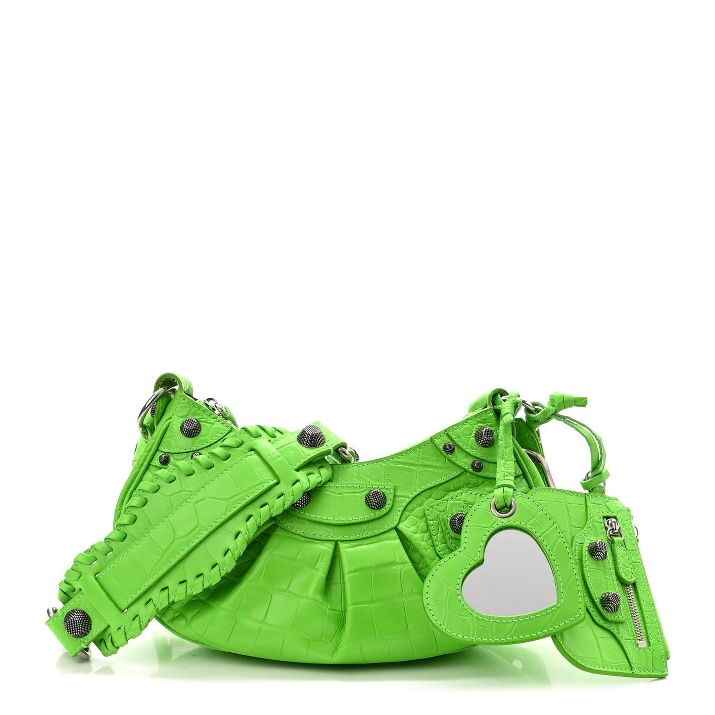 Extra Supple Calfskin Crocodile Embossed Le Cagole Shoulder Bag XS Acid Green