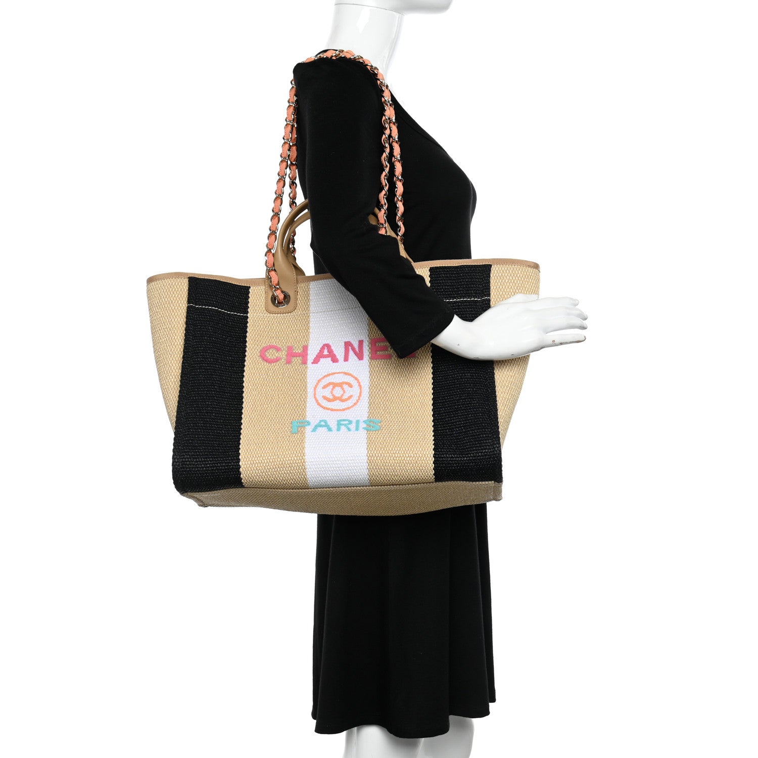 Chanel Straw Raffia Calfskin Striped Medium Deauville Tote Black Beige Ivory 2 of 10