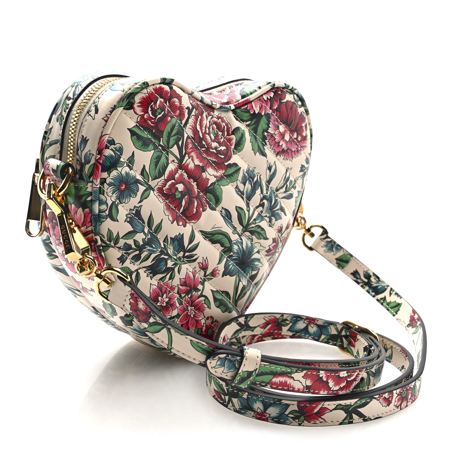 Gucci Calfskin Matelasse Diagonal Brit Roses Print Mini Interlocking G Heart Shoulder Bag  White Multicolor 3 of 9