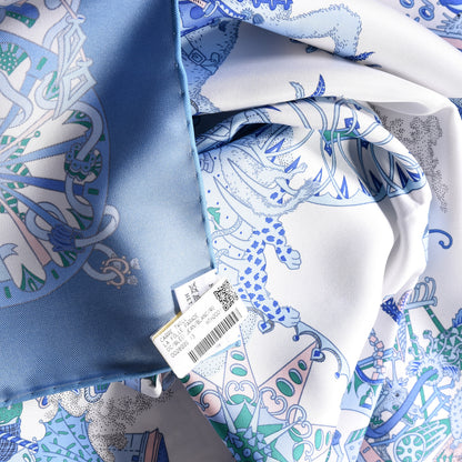 Hermes Silk Twill La Folle Parade Scarf 90 Bleu Jean White Rose 5 of 5