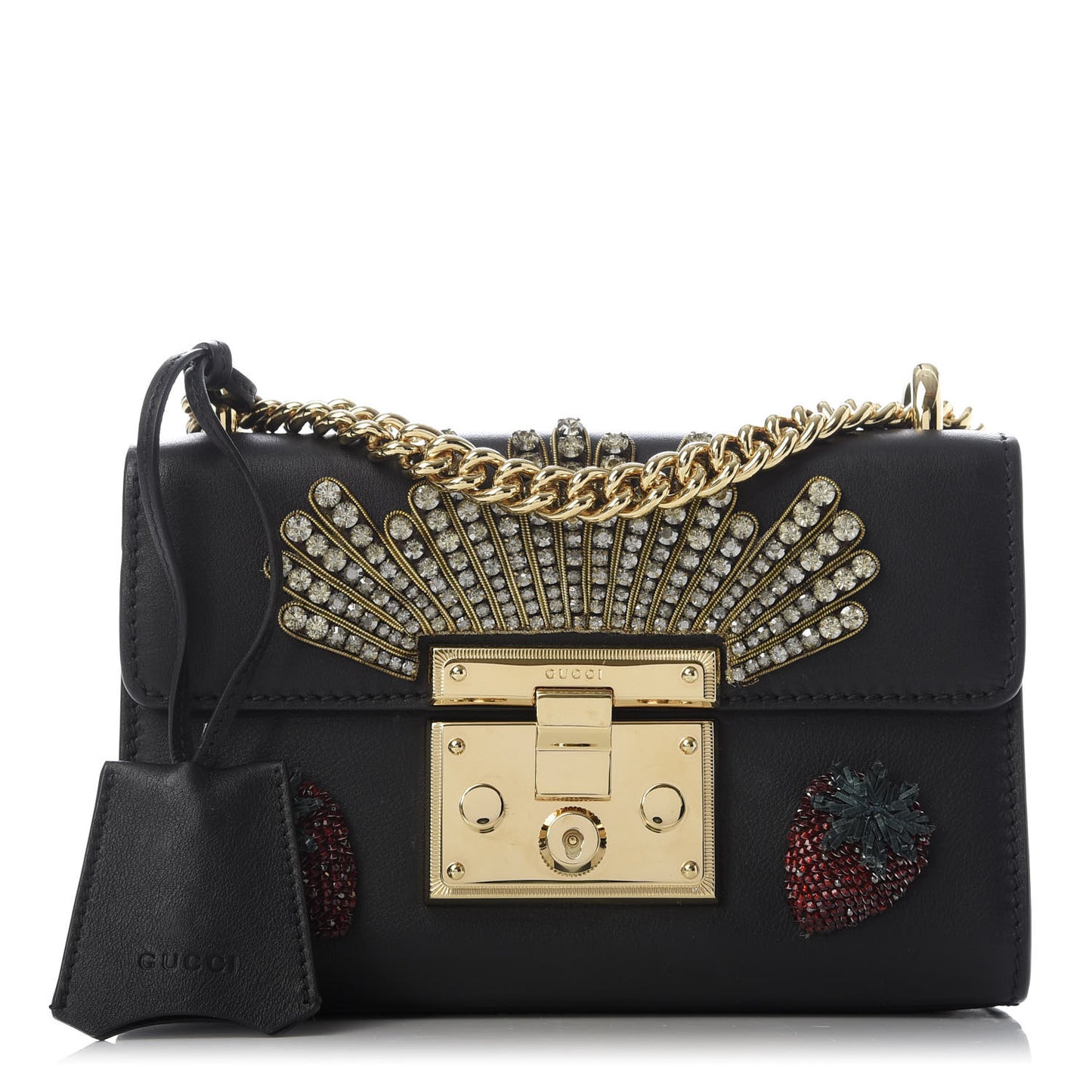 Calfskin Strawberry Embroidered Small Padlock Shoulder Bag Black