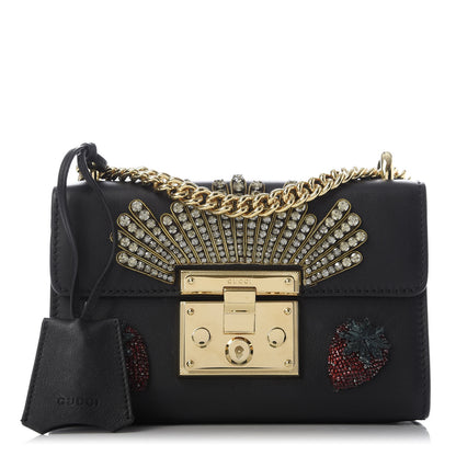 Gucci Calfskin Strawberry Embroidered Small Padlock Shoulder Bag Black 1 of 9