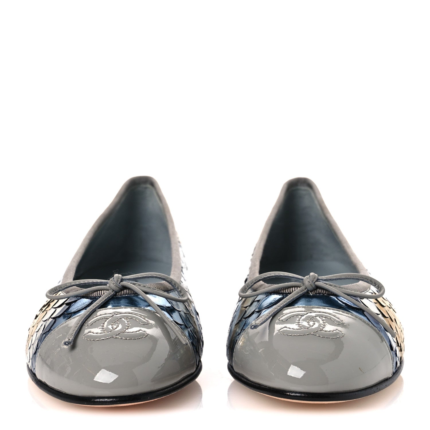 Chanel Snakeskin Patent Calfskin Cap Toe CC Ballerina Flats 37.5 Blue Multicolor 3 of 13