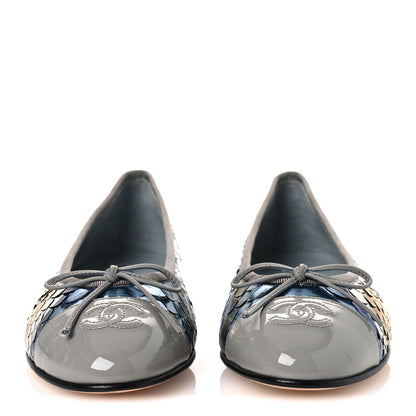 Chanel Snakeskin Patent Calfskin Cap Toe CC Ballerina Flats 37.5 Blue Multicolor 3 of 13