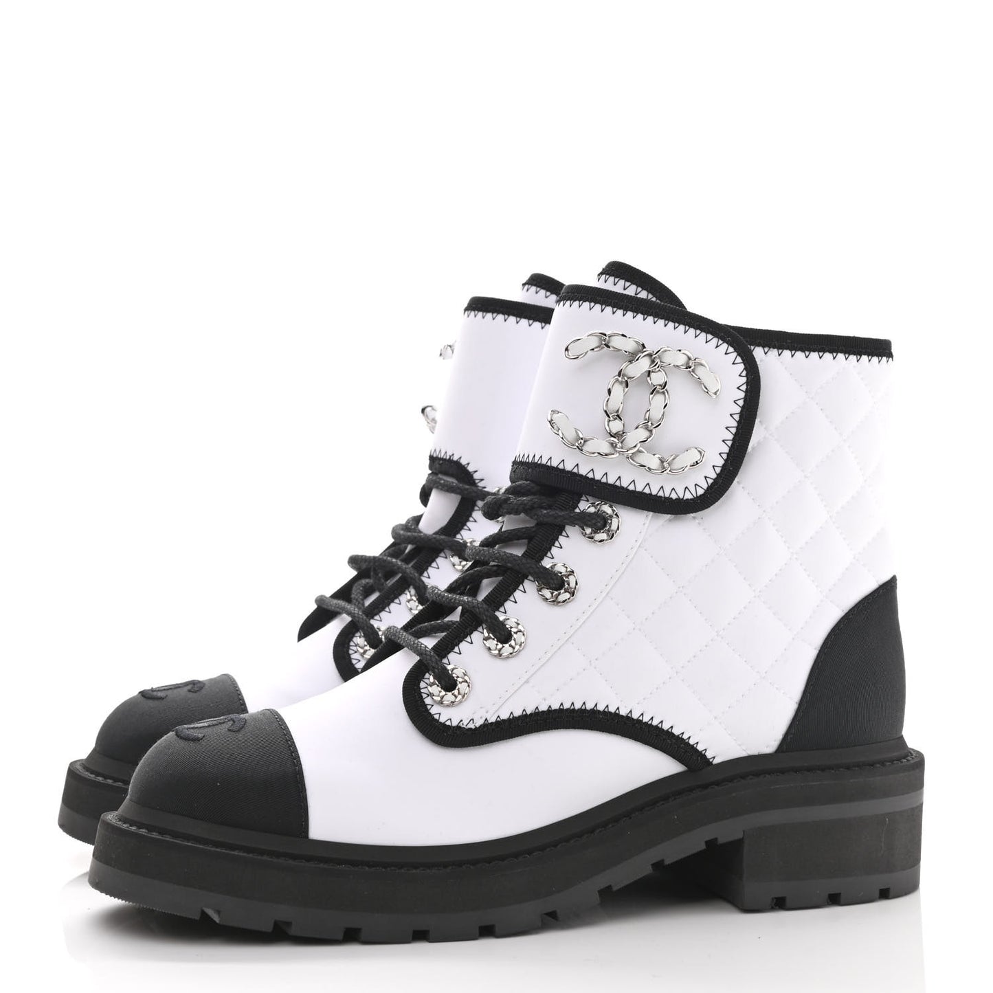 Fabric Grosgrain Quilted Cap Toe Lace Up Combat Boots 37 White Black