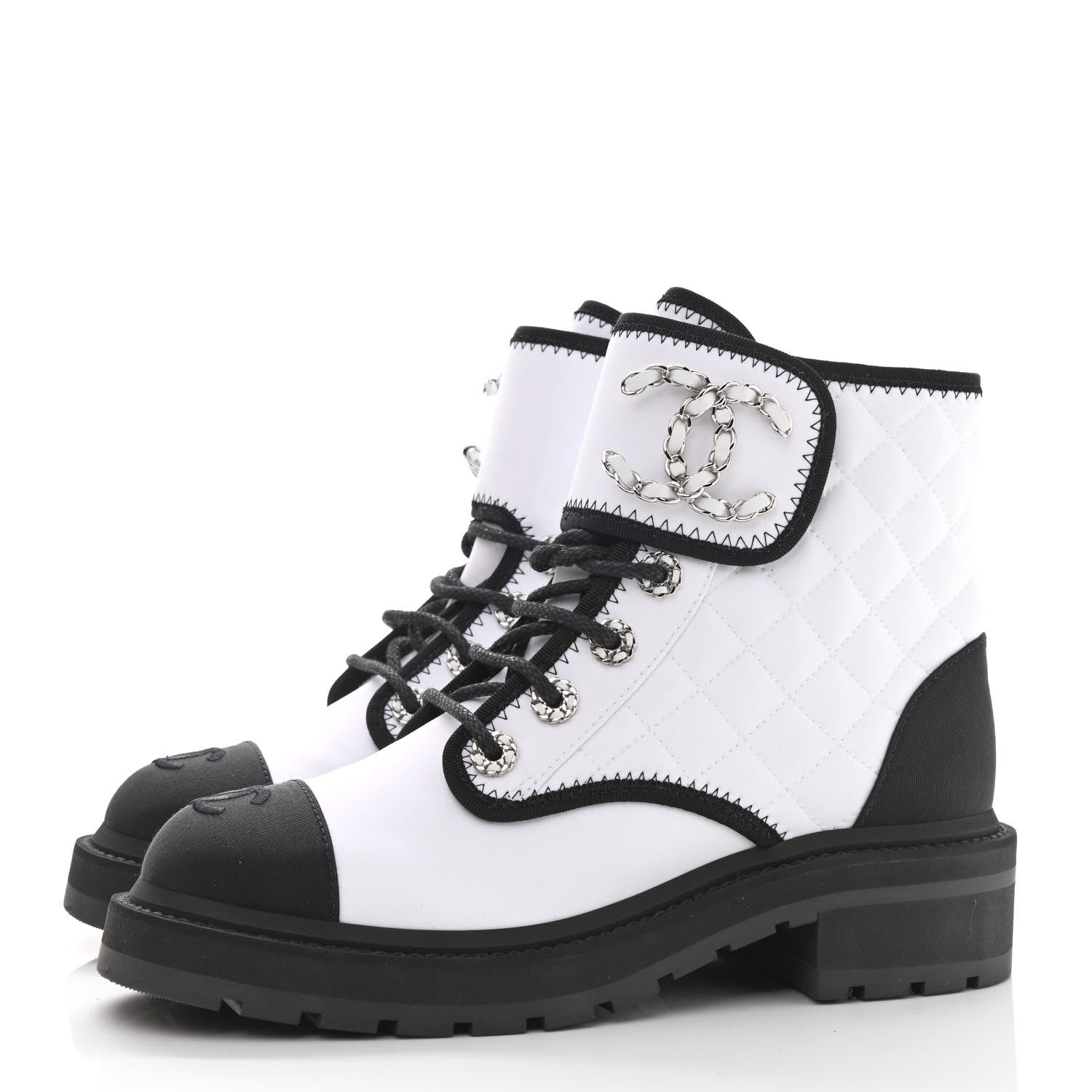 Chanel Fabric Grosgrain Quilted Cap Toe Lace Up Combat Boots 37 White Black 3 of 9