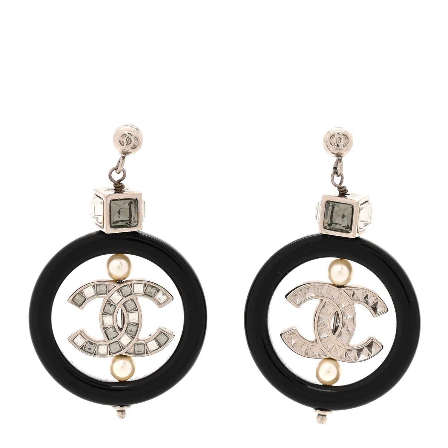 Chanel Metal Resin Crystal Pearl CC Drop Earrings Black Silver 1 of 5