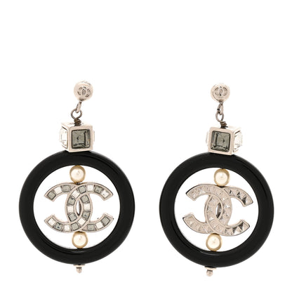 Chanel Metal Resin Crystal Pearl CC Drop Earrings Black Silver 1 of 5
