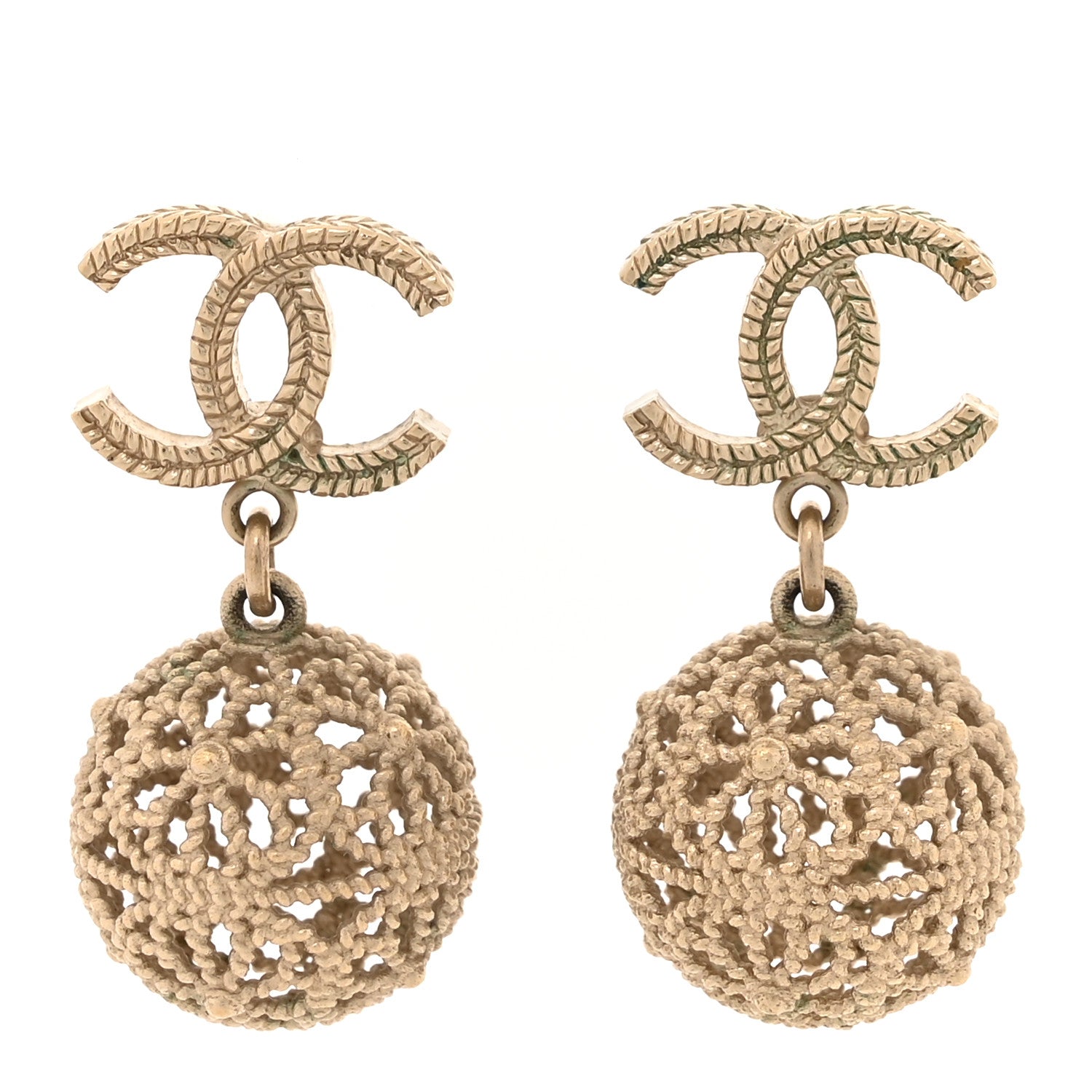 Chanel Metal CC Ornate Ball Drop Earrings Gold 1 of 6