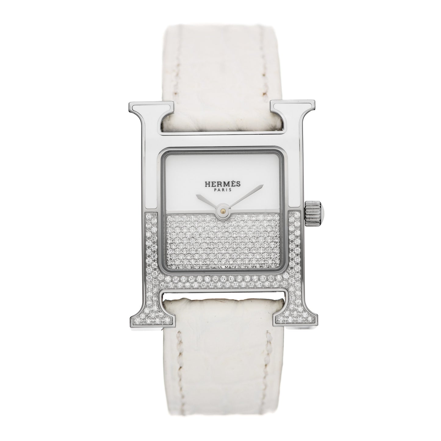 Stainless Steel Alligator Diamond 21mm Heure H Hour Double Jeu Quartz Watch Blanc