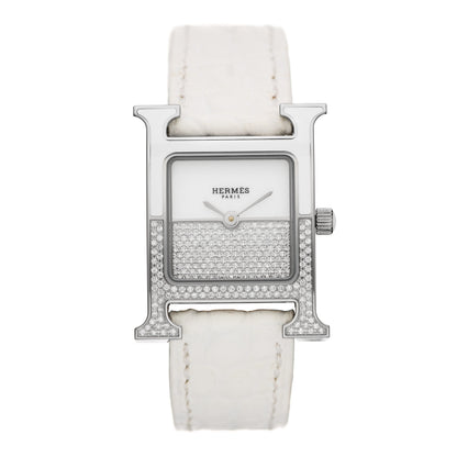Hermes Stainless Steel Alligator Diamond 21mm Heure H Hour Double Jeu Quartz Watch Blanc 1 of 5