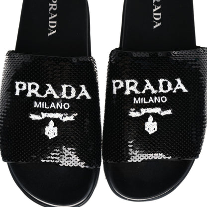 Prada Paillettes Sequin Logo Slide Sandals 41.5 Black 9 of 10