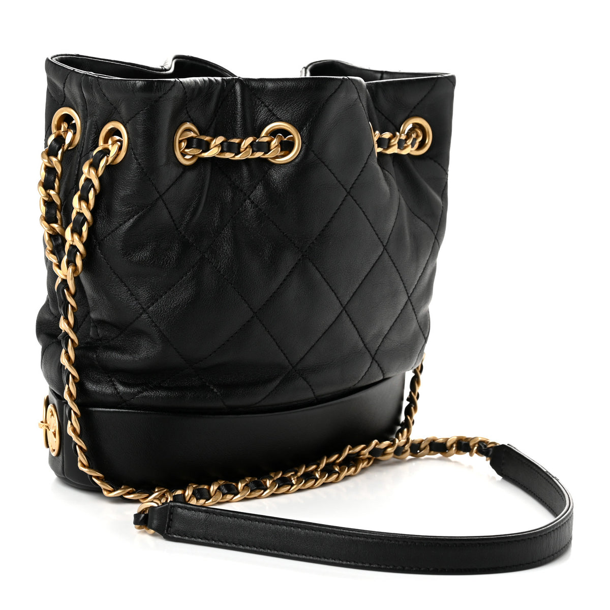 Shiny Lambskin Quilted Medallion Chain Drawstring Bucket Bag Black