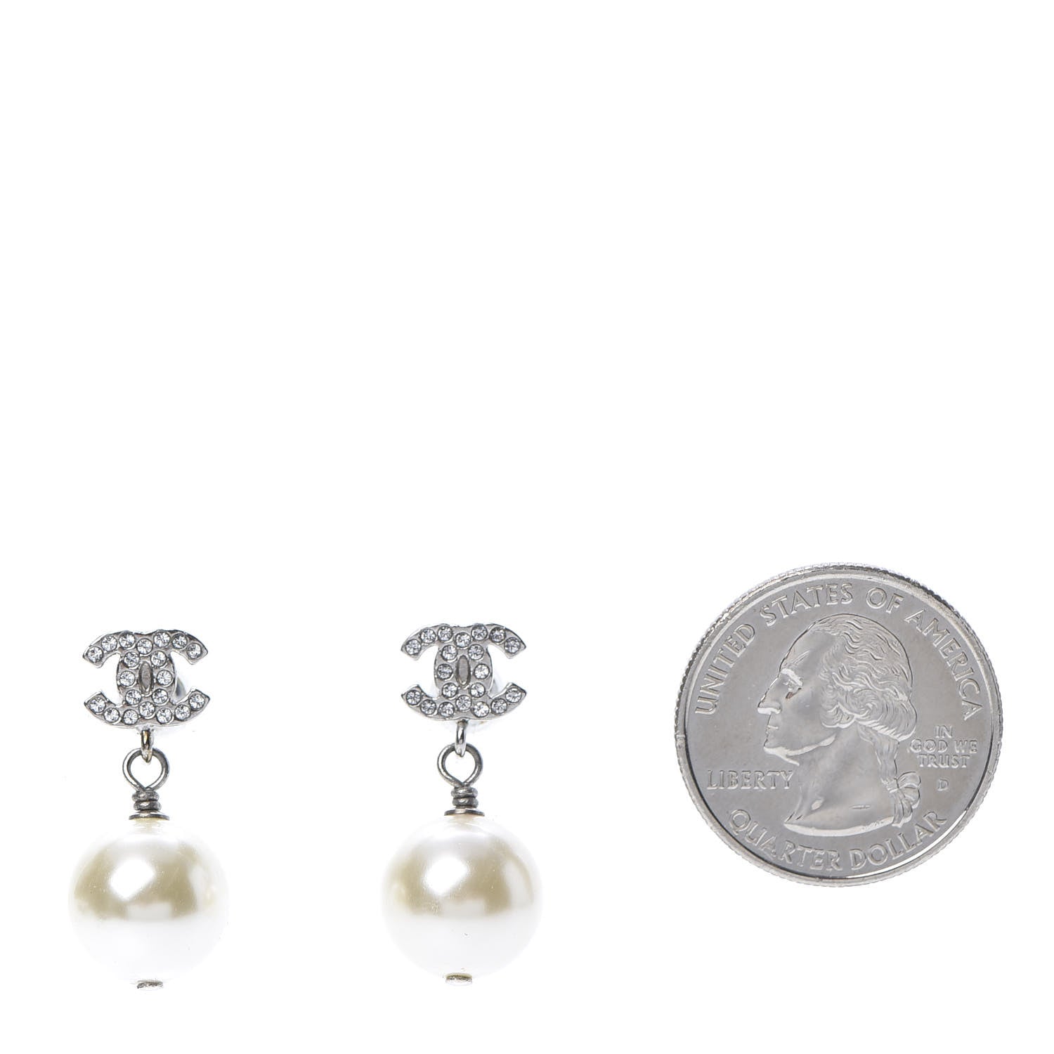 Chanel Crystal Pearl CC Drop Earrings Silver Pearly White 2 of 5