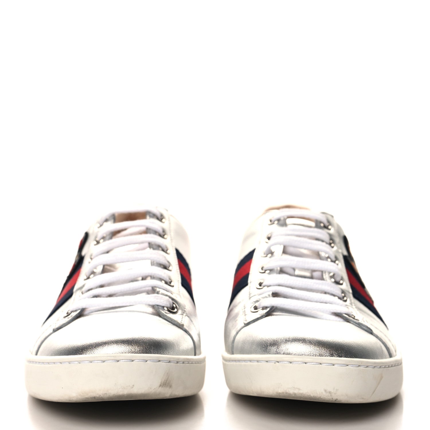 Gucci Metallic Nappa Silk Ayers Web Embroidered Womens Ace Sneakers 38 Silver 3 of 9