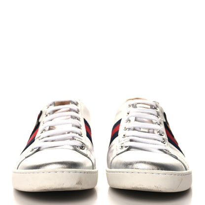 Gucci Metallic Nappa Silk Ayers Web Embroidered Womens Ace Sneakers 38 Silver 3 of 9