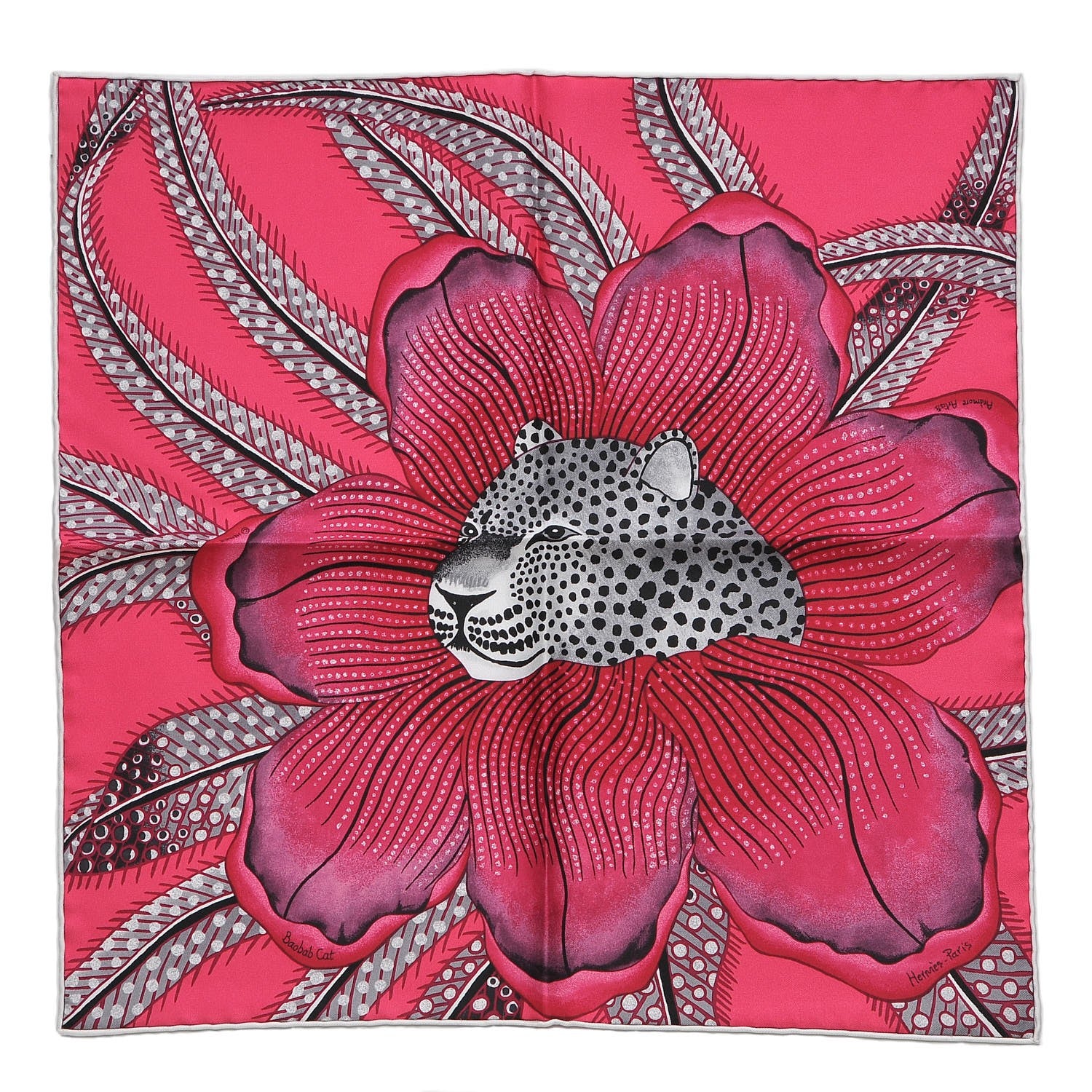 Hermes Silk Baobab Cat Pocket Square Scarf Rose Vif Prune Gris 1 of 8