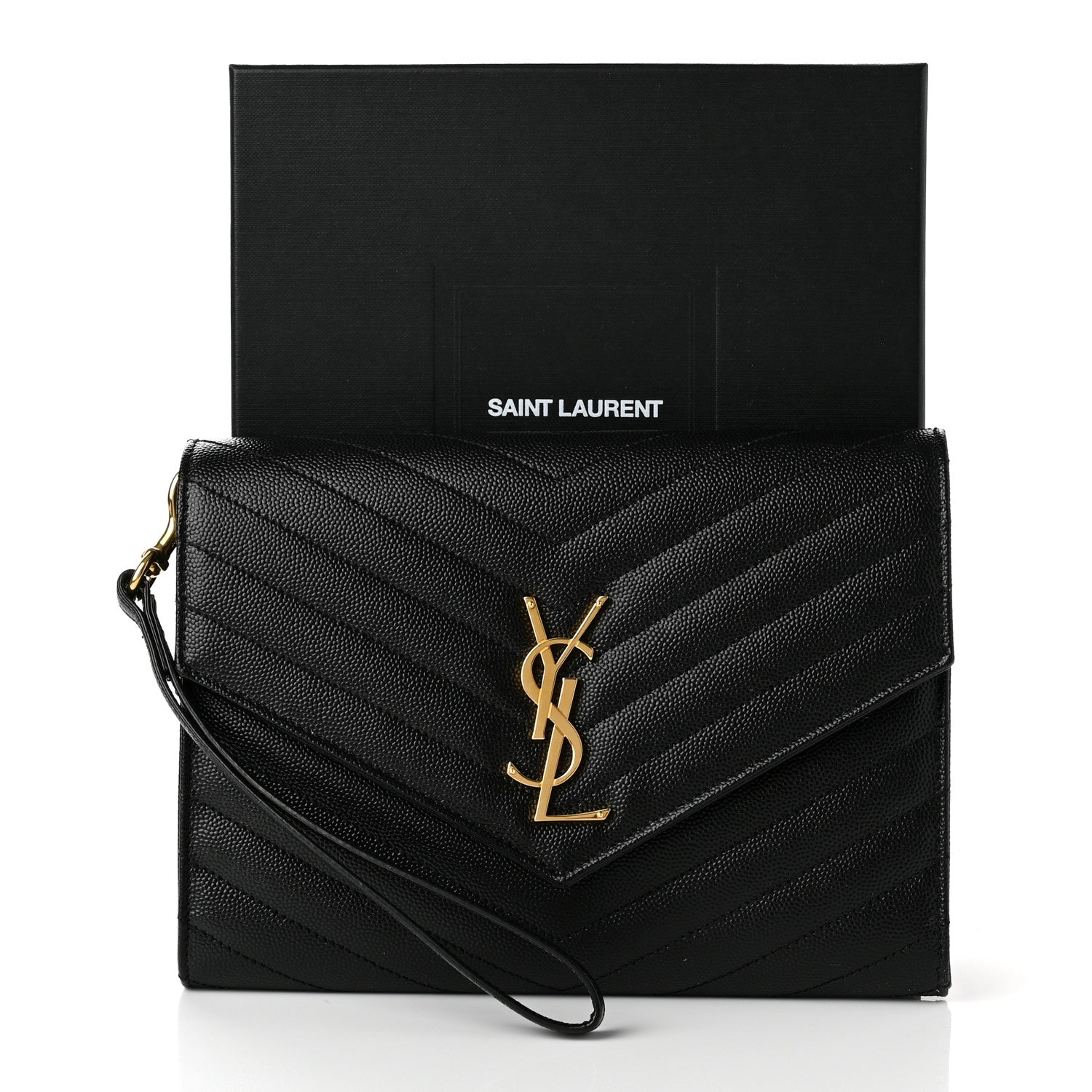 Saint Laurent Grain De Poudre Matelasse Chevron Monogram Envelope Clutch Black 9 of 9