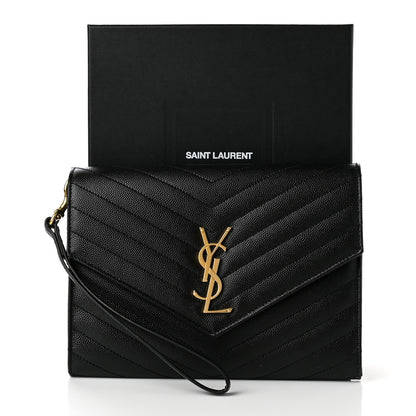 Saint Laurent Grain De Poudre Matelasse Chevron Monogram Envelope Clutch Black 9 of 9