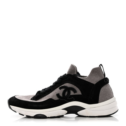 Chanel Fabric Suede Calfskin CC Sneakers 37.5 Grey Black 1 of 6