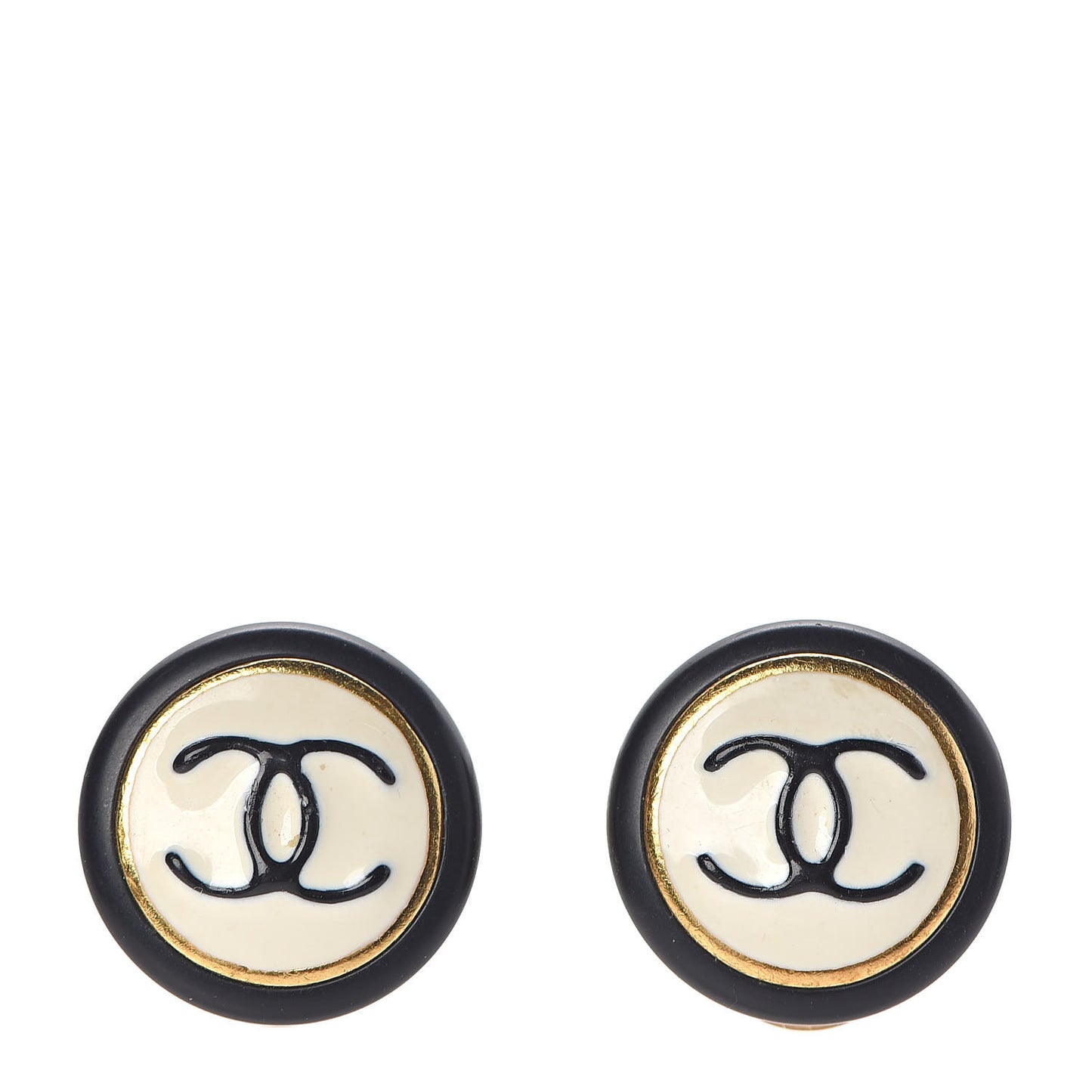 Enamel CC Clip On Earrings Ivory Gold Black