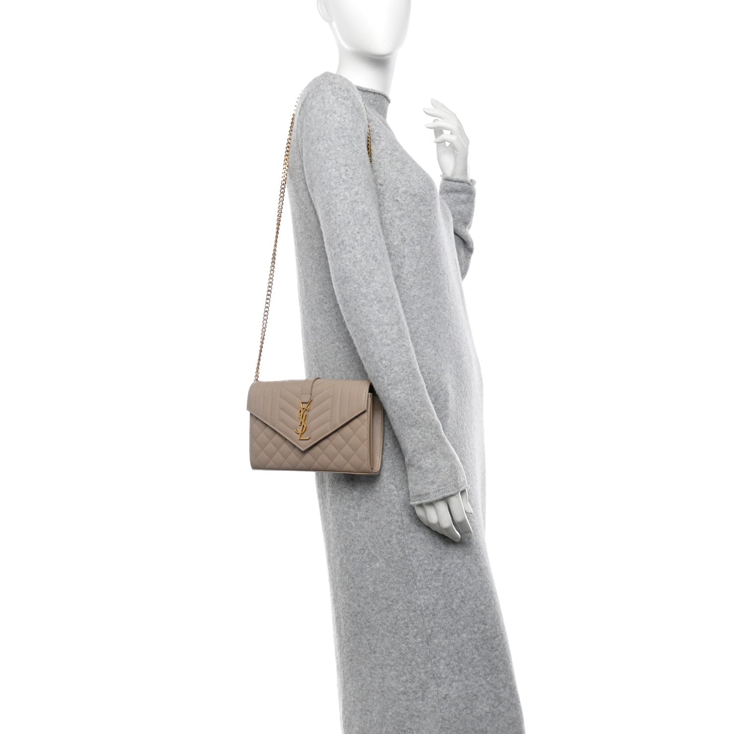 Saint Laurent Grain De Poudre Mixed Matelasse Triquilt Monogram Chain Wallet Dark Beige 2 of 11