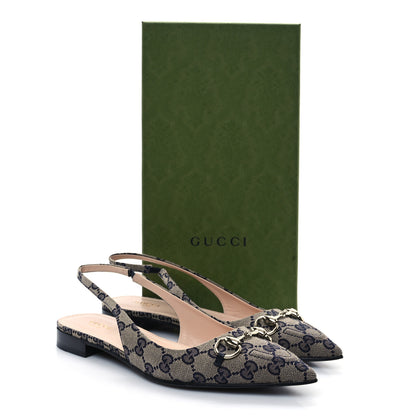 Gucci Monogram Horsebit Womens Slingback Ballet Flat 39.5 Beige Blue 10 of 10