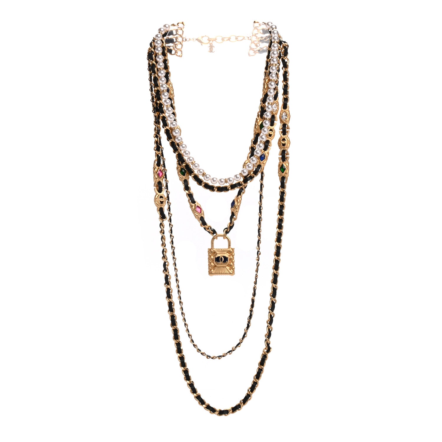 Chanel Calfskin Pearl Gripoix CC Lock Chain Necklace Black Gold Multicolor 3 of 5