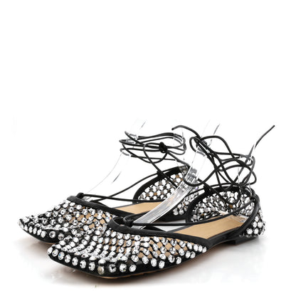 Bottega Veneta Mesh Nappa Crystal Embellished Sparkle Stretch Ankle Tie Flats 38 Black 4 of 8