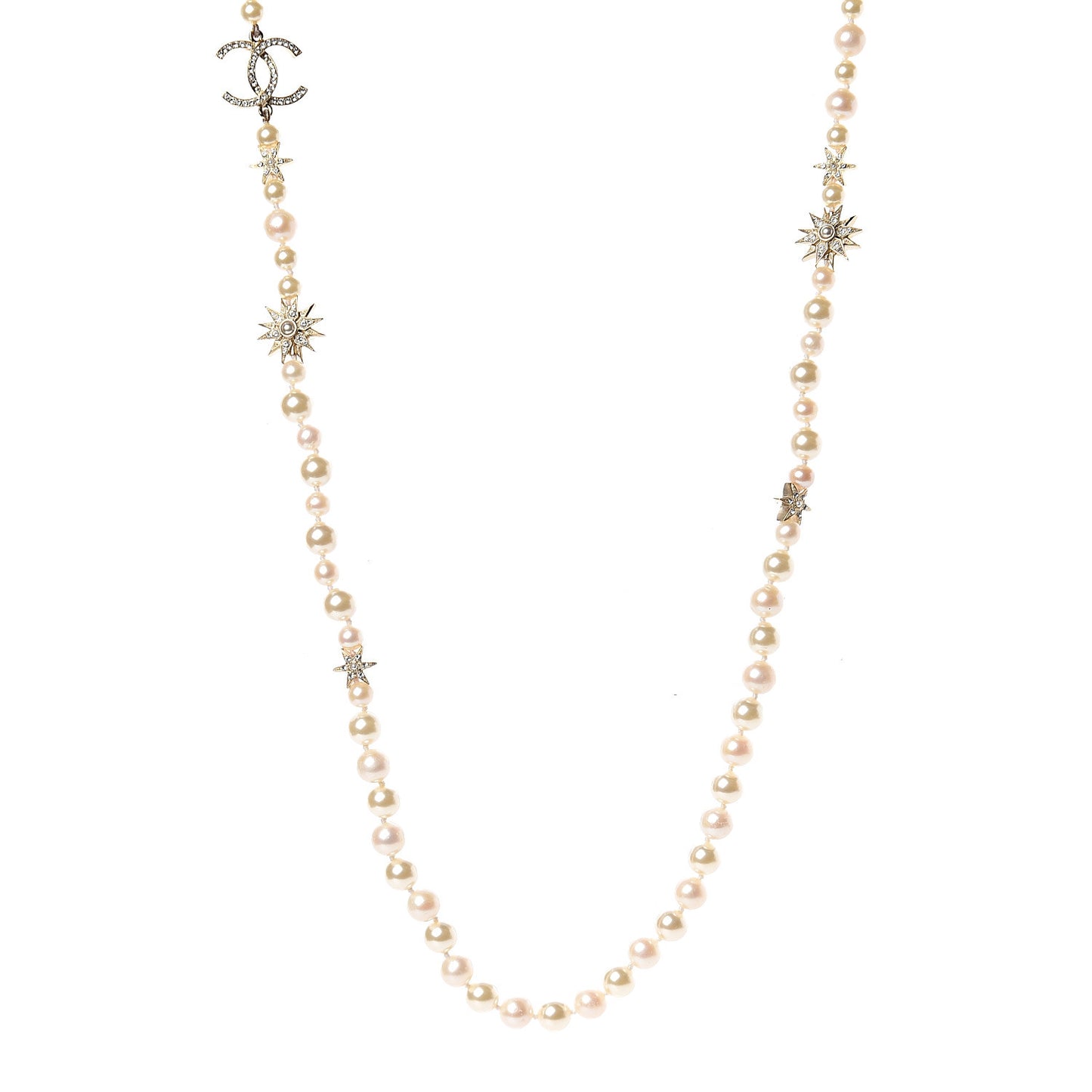 Graduated Pearl Crystal CC Long Necklace Gold