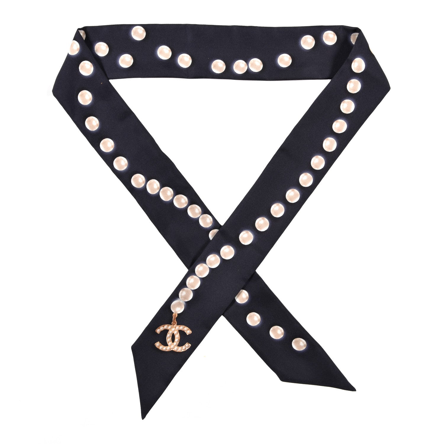 Chanel Silk Pearl CC Slim Bandeau Scarf Navy 1 of 3