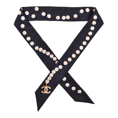 Chanel Silk Pearl CC Slim Bandeau Scarf Navy 1 of 3