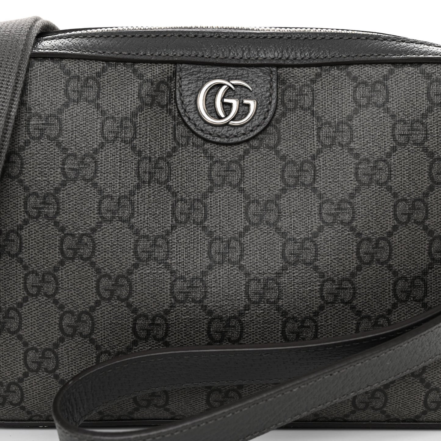 GG Supreme Monogram Textured Dollar Calfskin Web Ophidia Wristlet Shoulder Bag Grey Black Graphite Grey