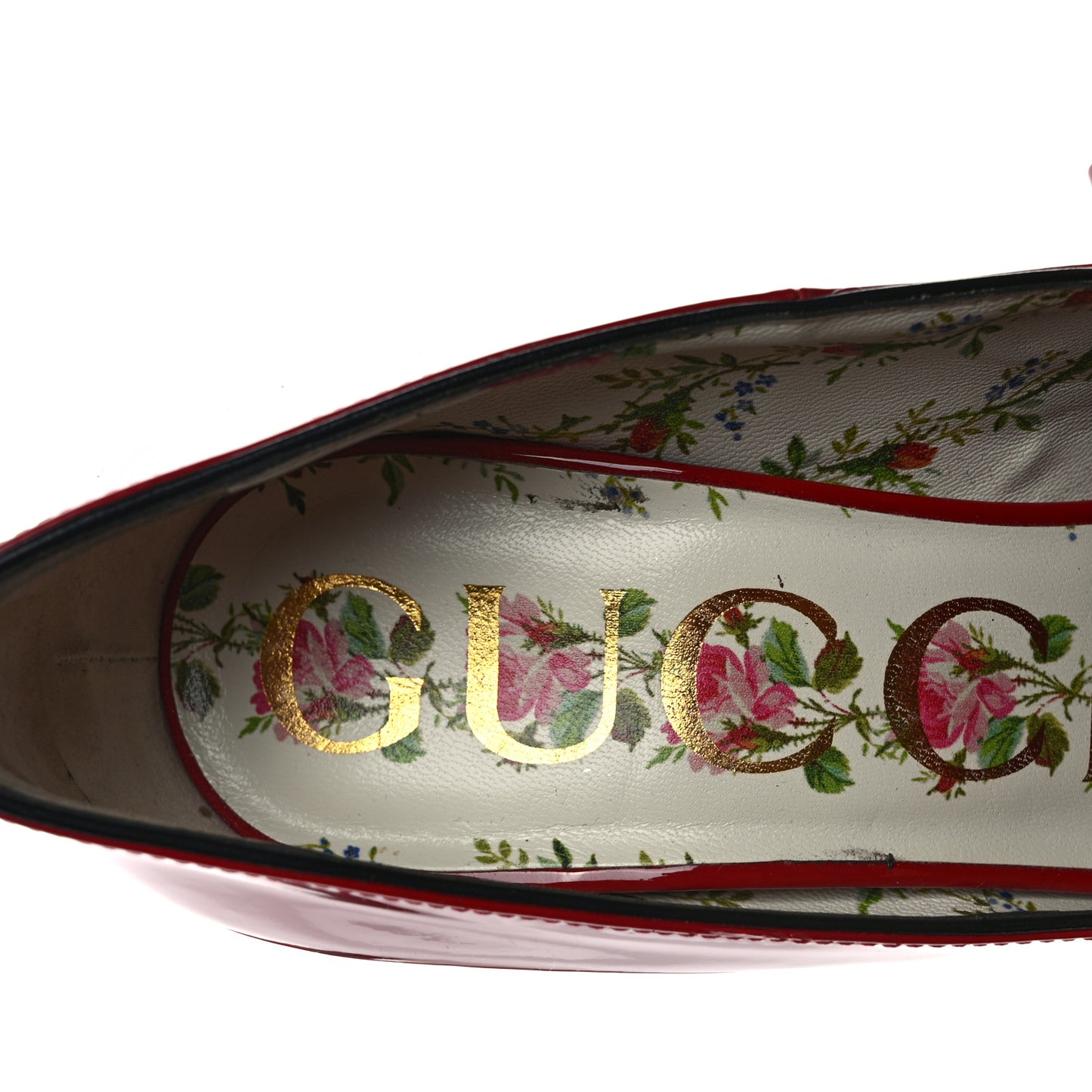 Vernice Crystal Enamel GG Marmont Fringe 105mm Loafer Pumps 36.5 Hibiscus Red Black