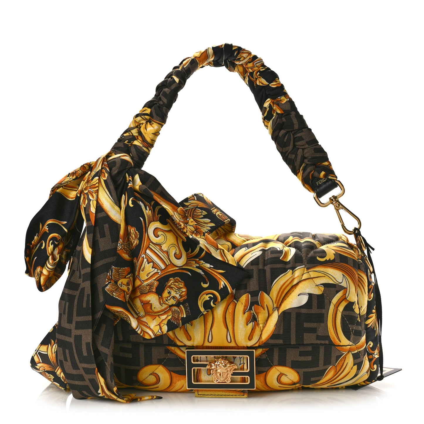 X VERSACE Silk Fendace FF Baroque Quilted Scarf Baguette Black Gold