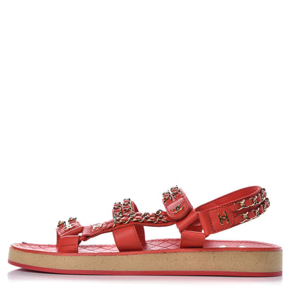 Chanel Calfskin Chain Flat Sandals 36.5 Red 1 of 9