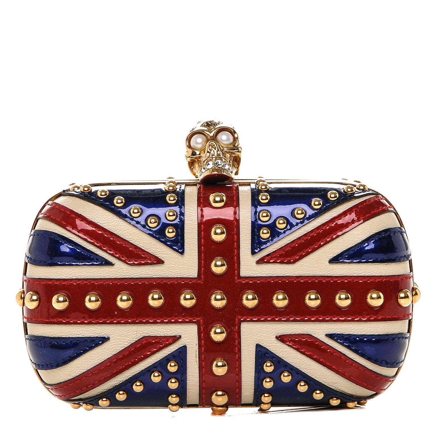 Alexander McQueen Patent Calfskin Studded Britannia Skull Box Clutch Red Blue 1 of 8