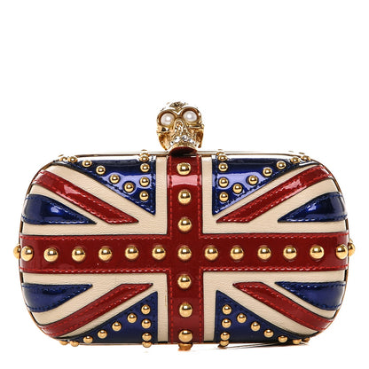Alexander McQueen Patent Calfskin Studded Britannia Skull Box Clutch Red Blue 1 of 8