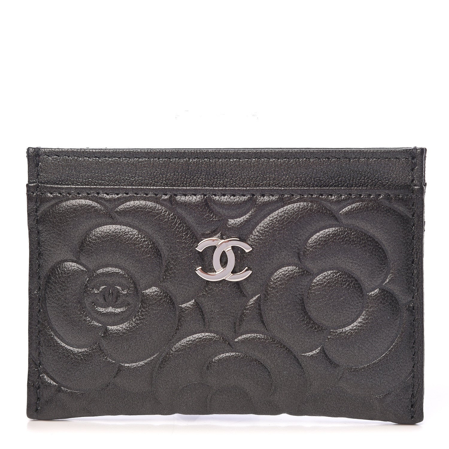 Chanel Goatskin Camellia Embossed Card Holder Grey 1 of 9